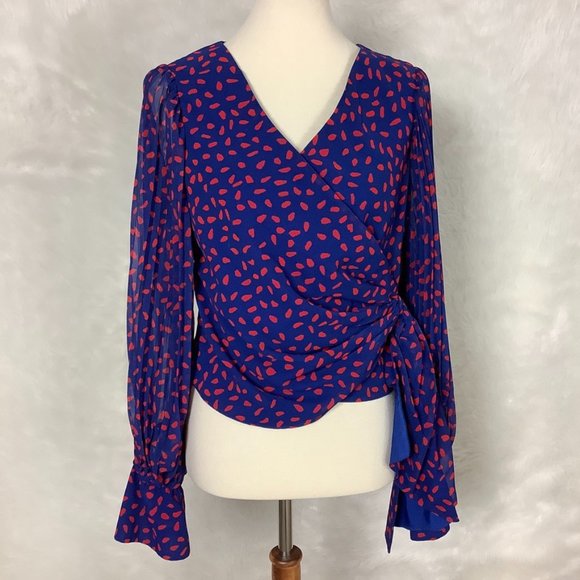 Self-Portrait Blue & Red Crepe Wrap Balloon Sleeve Blouse 4 - Picture 1 of 10